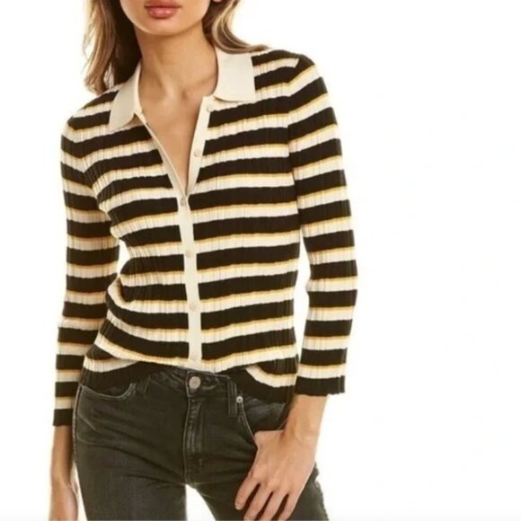 Theory Women's Hudson Striped Deep V rib knit Cardigan Top Size L Retro Fall - Picture 1 of 12